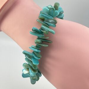 Turquoise Blue Mother of Pearl Shell Chip Stretch Bracelet Boho Statement Cute